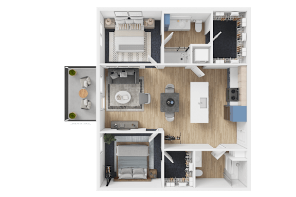 Floor Plan  A top-down view of a small apartment with a kitchen, living room, and two bedrooms.