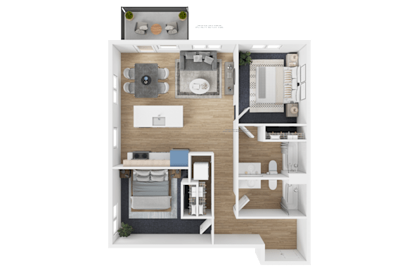 Floor Plan  A 3D floor plan of a house with a kitchen, living room, and bathroom.