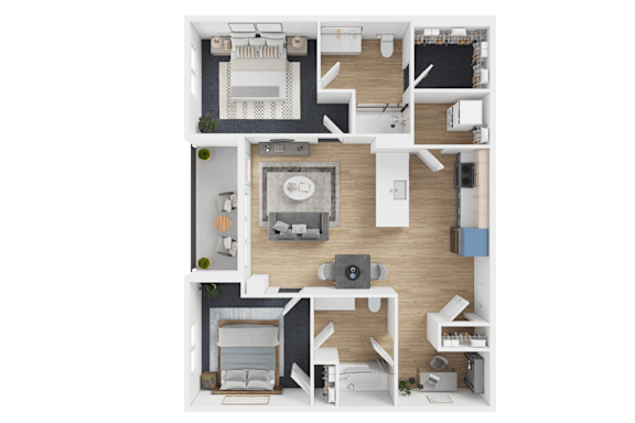 Floor Plan  A 3D floor plan of a house with two bedrooms, a living room, a kitchen, and a bathroom.