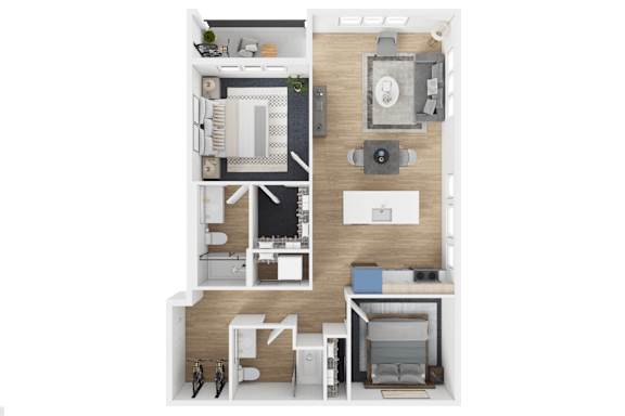 Floor Plan  A top-down view of a small apartment with a kitchen, living room, and bedroom.