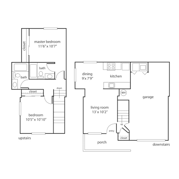 A floor plan of a house with a master bedroom, two bathrooms, a dining area, a kitchen, a living room, a garage, and a porch.