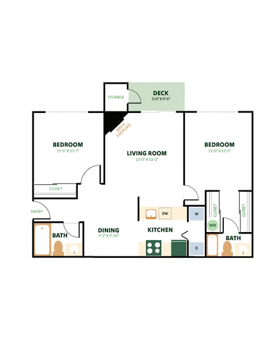 Floor Plan  A floor plan of a house with two bedrooms, a living room, a dining room, a kitchen, a bathroom, a deck, and storage.