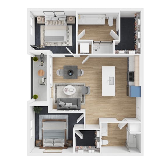 Floor Plan  A top-down view of a modern apartment layout with a kitchen, living room, and bedroom.