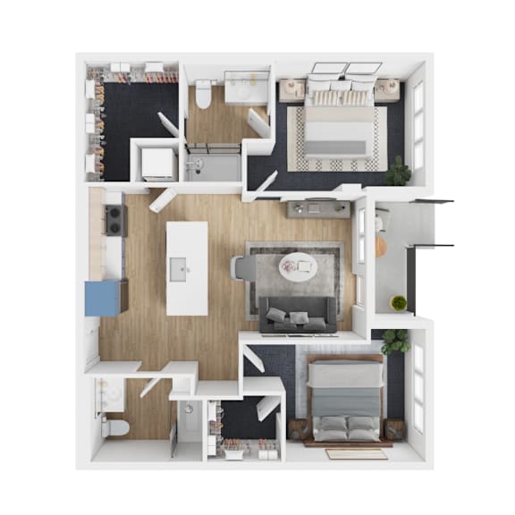 Floor Plan  A top-down view of a modern apartment layout with a living room, kitchen, and bedroom.