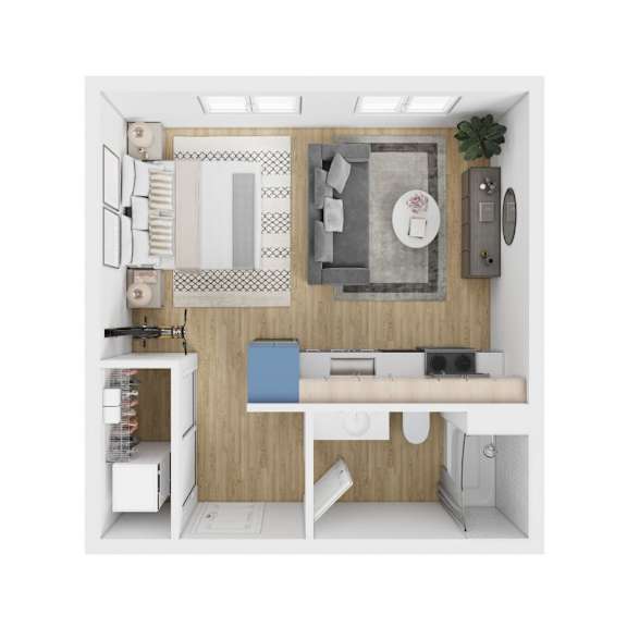 Floor Plan  A top-down view of a small, modern kitchen with a refrigerator, sink, and a small dining area.