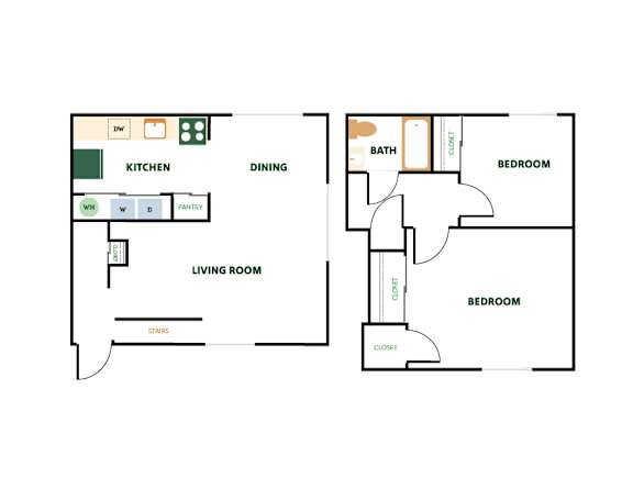 Floor Plan  A floor plan of a house with a kitchen, living room, dining room, bathroom, and two bedrooms.