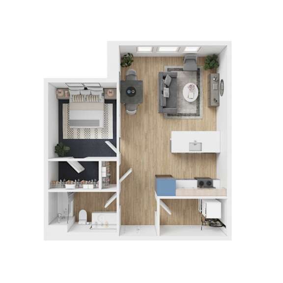 Floor Plan  A modern, minimalist room with a desk, chair, and shelving unit.