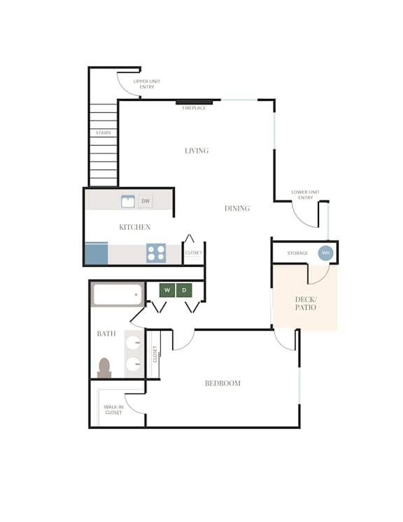 A floor plan of a house with a living room, dining room, kitchen, bathroom, and bedroom.