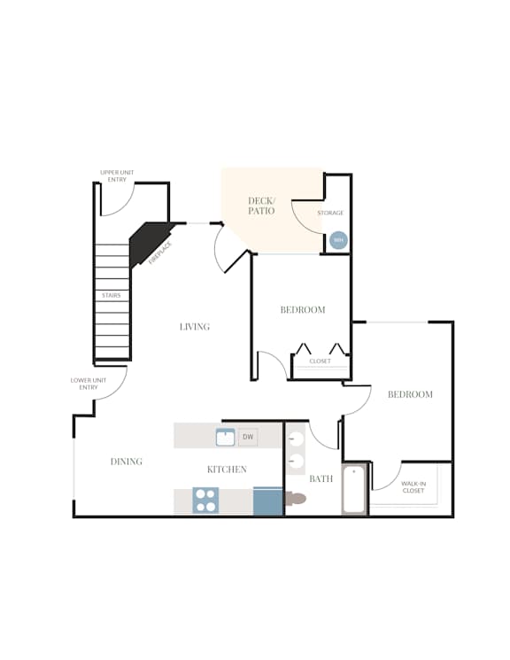 A floor plan of an apartment with two bedrooms, a living room, a kitchen, a bathroom, a dining room, and storage space.