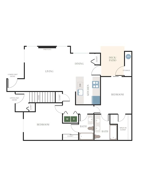 A floor plan of a house with a living room, dining room, two bedrooms, a bathroom, a deck patio, and storage.