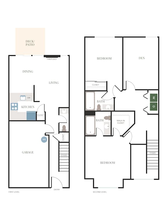 A floor plan of a two level home with a garage and a den.