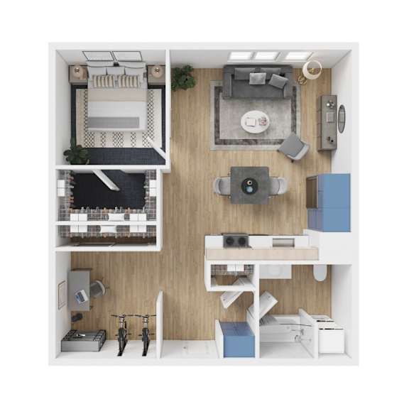 Floor Plan  A top-down view of a small apartment with a kitchen, living room, and bedroom.