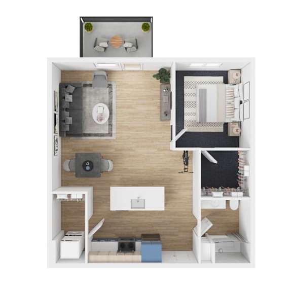 Floor Plan  A top-down view of a small apartment with a kitchen, living room, and bedroom.