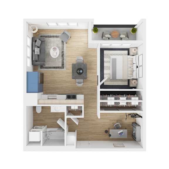 Floor Plan  A top-down view of a small apartment with a kitchen, living room, and bedroom.