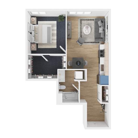 Floor Plan  A top-down view of a modern apartment layout with a kitchen, living room, and bathroom.