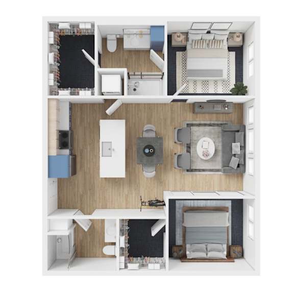 Floor Plan  A top-down view of a small apartment with a kitchen, living room, and bedroom.