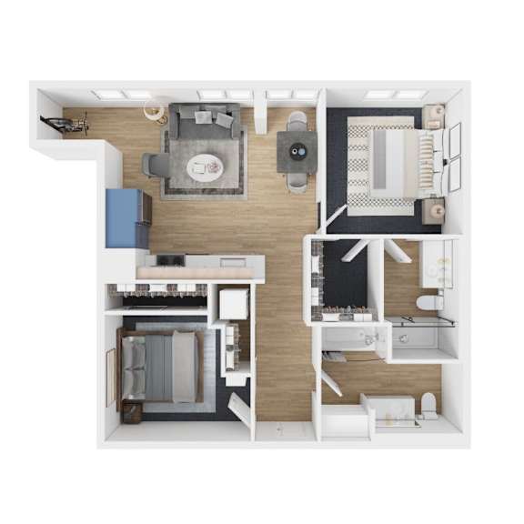 Floor Plan  A top-down view of a small apartment layout with a kitchen, living room, and bathroom.