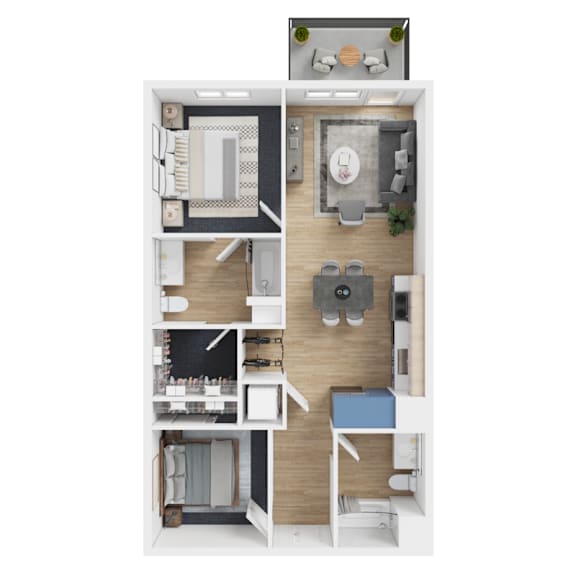Floor Plan  A top-down view of a small apartment with a kitchen, living room, and bathroom.