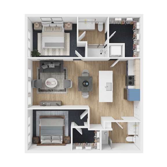 Floor Plan  A top-down view of a small apartment with a kitchen, living room, and bedroom.