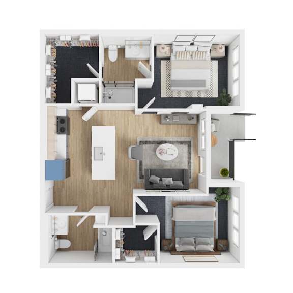 Floor Plan  A top-down view of a modern apartment layout with a kitchen, living room, and bedroom.