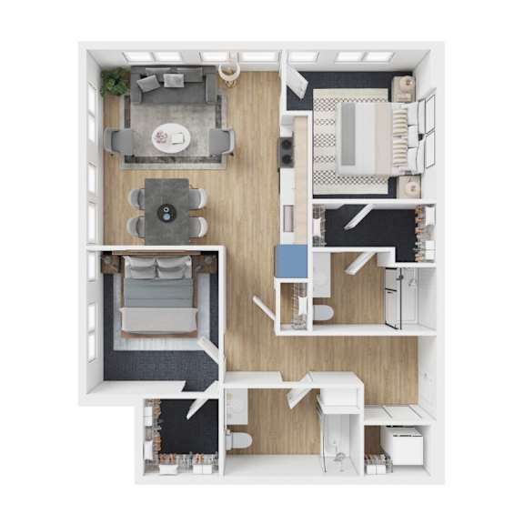 Floor Plan  A top-down view of a small apartment with a kitchen, living room, and bedroom.