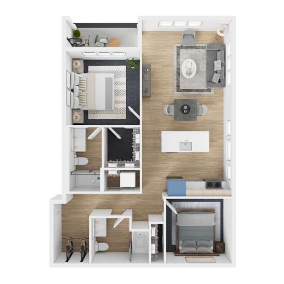 Floor Plan  A top-down view of a small apartment with a kitchen, living room, and bedroom.