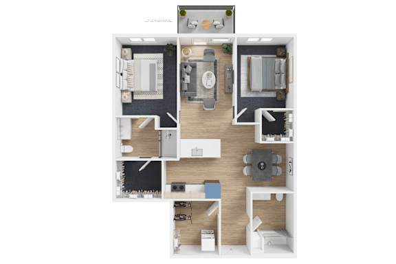 Floor Plan  A top-down view of a small apartment layout with a kitchen, living room, and bedrooms.