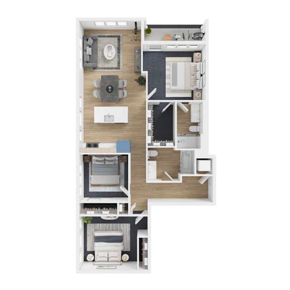 Floor Plan  A floor plan of a two-story apartment with a living room, kitchen, dining room, and bedrooms.
