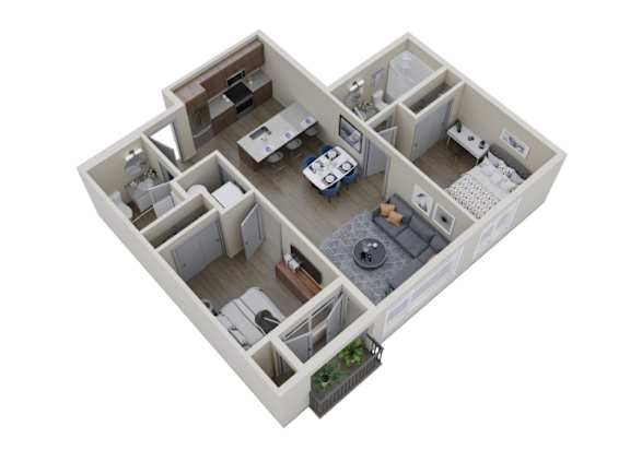 A 3D floor plan of a house with a kitchen, living room, and bedrooms.