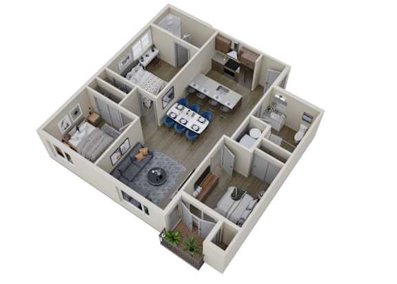 A 3D image of a house layout with a kitchen, living room, dining room, and bedrooms.
