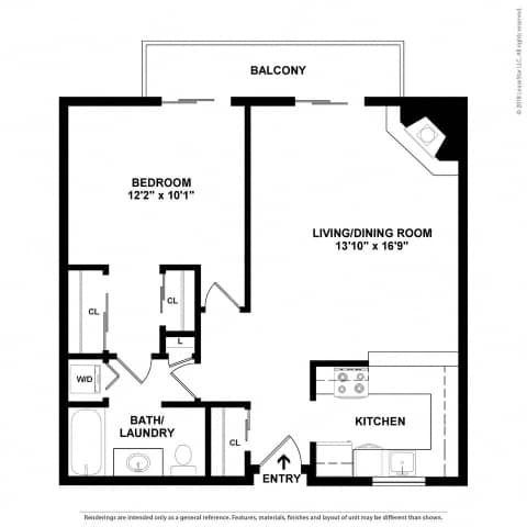A black and white image of a floor plan for a balcony, bedroom, living/dining room, bath/laundry, and kitchen.