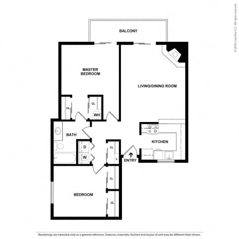 A black and white image of a floor plan for a balcony, master bedroom, living/dining room, kitchen, bathroom, and another bedroom.