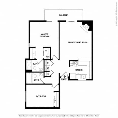 Floor Plan  A black and white image of a floor plan for a home with a master bedroom, living/dining room, kitchen, and two bathrooms.