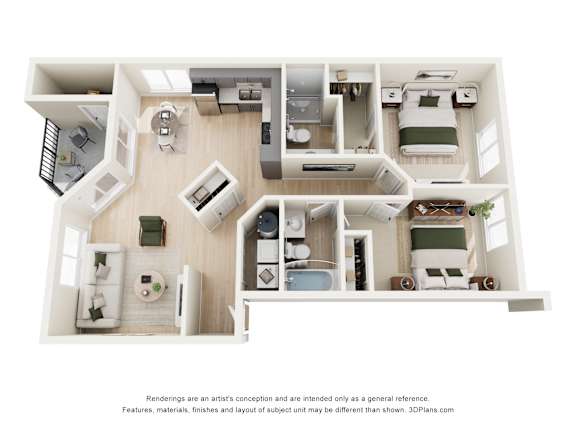 A 3D floor plan of a small apartment with a kitchen, living room, and bedroom.