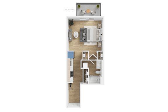 Floor Plan  A top-down view of a floor plan showing a kitchen, living room, dining area, and bedrooms.