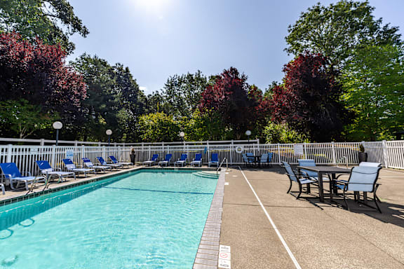 A pool surrounded by trees and chairs.