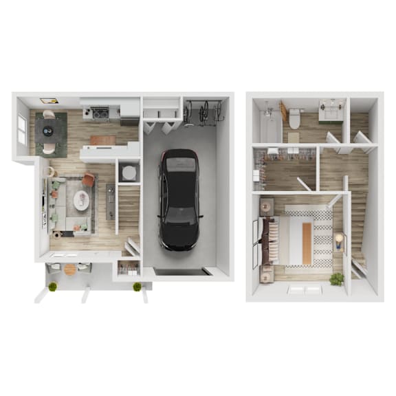 A car is parked in the garage of a house.