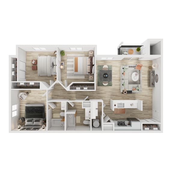 A 3D floor plan of a house with a kitchen, living room, and bedrooms.