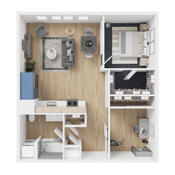 Floor Plan  A 3D rendered image of a small apartment layout.
