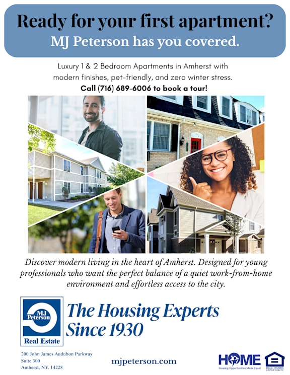 An advertisement for MJ Peterson Real Estate showcasing their luxury apartments in Amherst.
