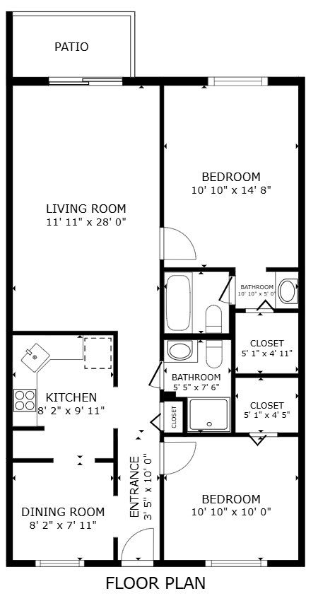 A floor plan of a house with a living room, kitchen, dining room, and two bedrooms.