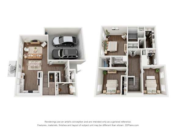 Floor Plan  A 3D floor plan of a two-bedroom apartment with a living room, kitchen, and bathroom.