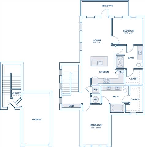 A floor plan of a house with a balcony, two bedrooms, a living room, a kitchen, a bathroom, a mud room, a garage, and two closets.