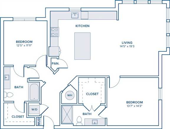 A floor plan of a house with two bedrooms, a kitchen, a living room, a bathroom with a shower, and a pan.