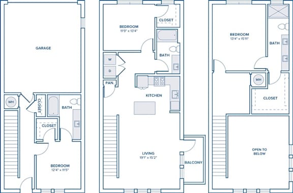 Three floor plans for a house with a garage, living room, and balcony.