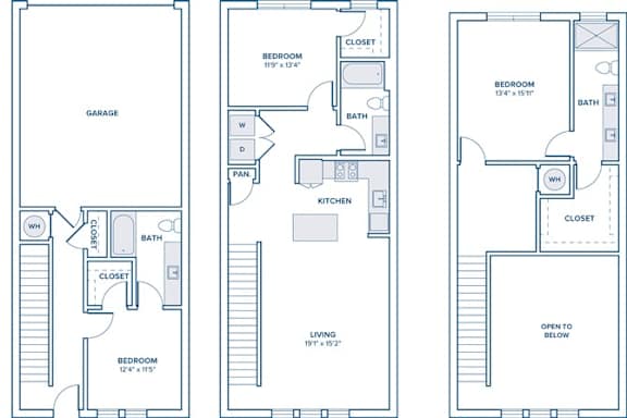 Three floor plans for a house with a garage, a living area, and a bedroom.