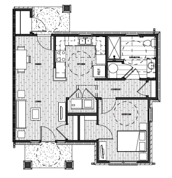 A black and white floor plan of a house with a kitchen, living room, and bathrooms.