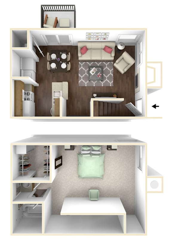 A drawing of a small apartment with a bedroom and a kitchen.
