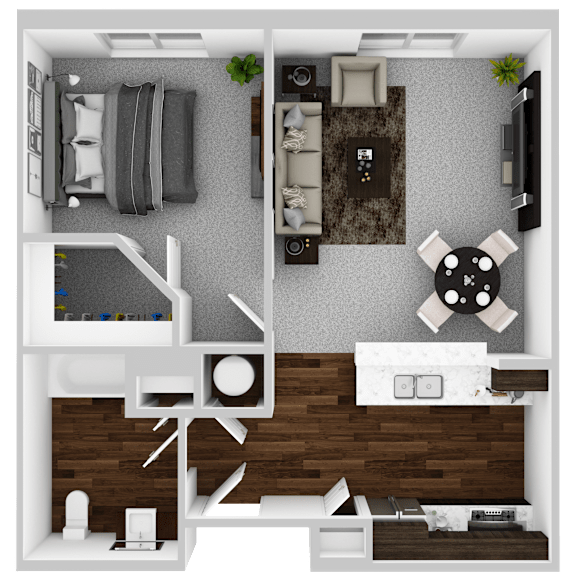 A top-down view of a living room with a couch, coffee table, and television.