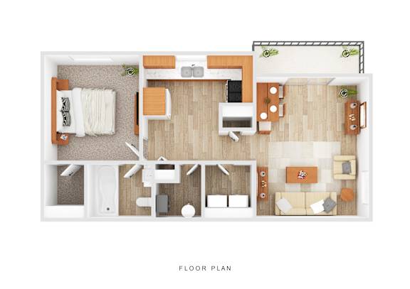 A floor plan of a house with a living room, kitchen, and bathroom.